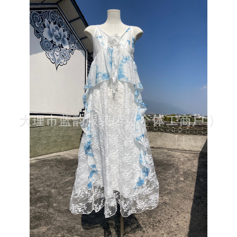 Summer New Style Handmade Tie-Dye Spliced ​​Lace Irregular and Elegant Slimming Look Gentle and Sweet Holiday Beach Suspender Skirt