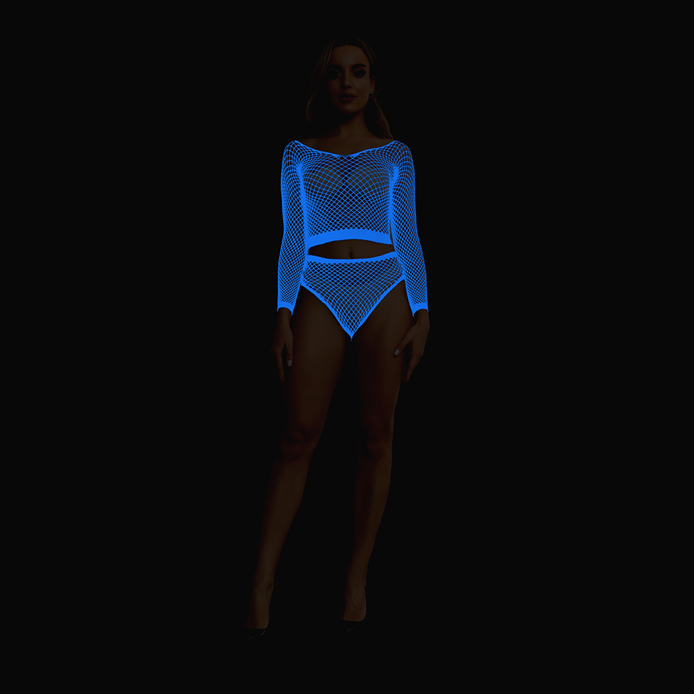 Blue Light Glowing European And American Style Sexy Lingerie Set Hollow Out Stockings Bodystocking Night Glow Sexy Temptation Mesh YG488_voghion.com