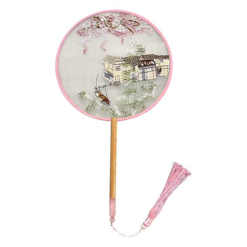 Abanico de grupo bordado Abanico redondo clásico Abanico de palacio Hanfu chino Estilo antiguo Mango largo Borla Cheongsam Ventilador de baile de seda transparente