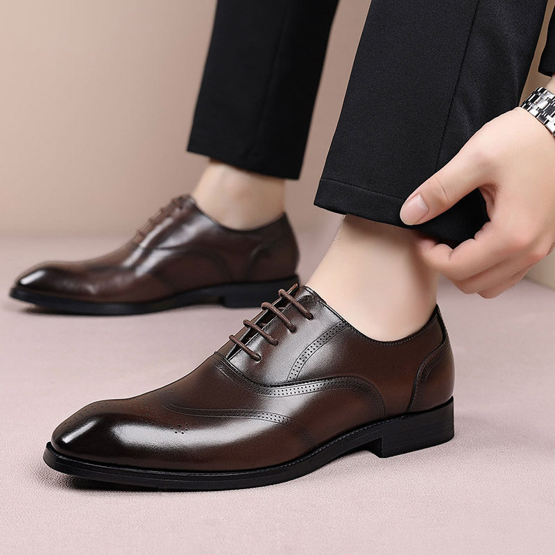 Giày da nam công sở da bò lớp đầu mũi nhọn Brogue buộc dây đế gỗ — Màu nâu, màu đen