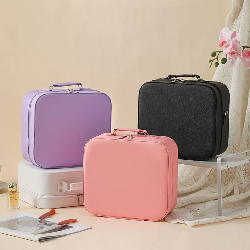 Nueva caja de maquillaje LED simple atmósfera portátil caja de almacenamiento de cosméticos de gran capacidad de cuero PU
