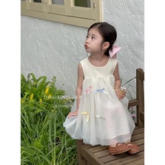 女童夏季薄款連衣裙2024新款兒童無袖背心網紗裙寶寶蝴蝶結公主裙