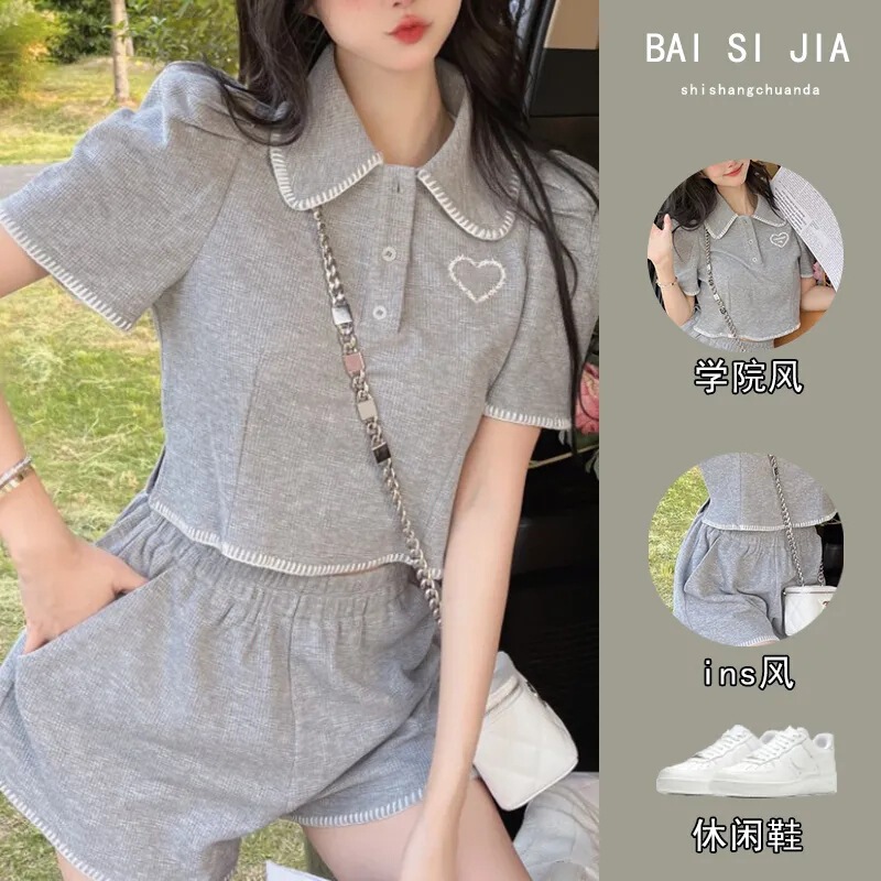 Waffle College Style Collar suit Women's Age-reducing Summer New Small Salt Polo Zero Time Two-piece Set