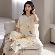 100%棉睡衣女夏季薄款短袖七分裤纯棉圆领夏天外穿全棉家居服套装