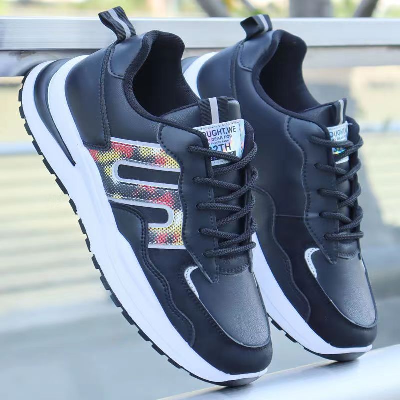 Męskie modne jesienno-zimowe nowe, swobodne, miękkie podeszwy, czarne skórzane buty sportowe do biegania, buty dla taty_voghion.com