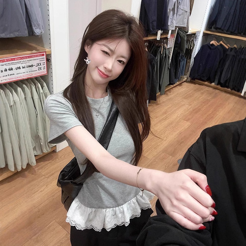 Gentle Sweet Girl Style Design Lace Splicing Short-Sleeve T-Shirt for Women 2025 Summer Fitted Slimming Student Top Trendy