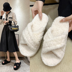 2023外貿毛毛拖鞋女秋冬季新款外穿交叉平底保暖厚底露趾拖鞋批發