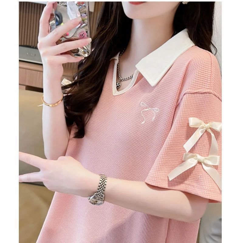 2-300 kg extra grande waffle polo cuello de polo camiseta de manga corta verano femenino nuevo estilo suelto y delgado pajarita top