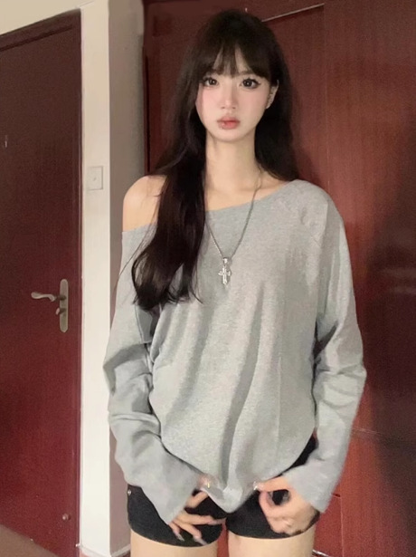 美式斜肩卫衣女款新露肩初秋穿搭早秋chic上衣2025新款秋季长袖薄|undefined