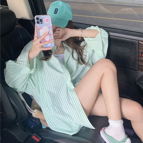 Green Striped Blouse Jacket for Women - Spring and Summer New Arrival - Petite Size - Sun Protection Top - Design-Oriented, Unique Blouse - Lightweight
