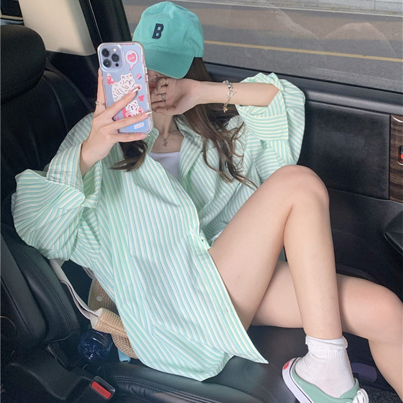 Cross-Border Green Striped Shirt Jacket Women's Spring and Summer New Loose Slim Casual Sun Protection Shirt Top Wholesale Cross-Border Green Striped Shirt Jacket Women's Spring and Summer New Loose Slim Casual Sun Protection Shirt Top Wholesale