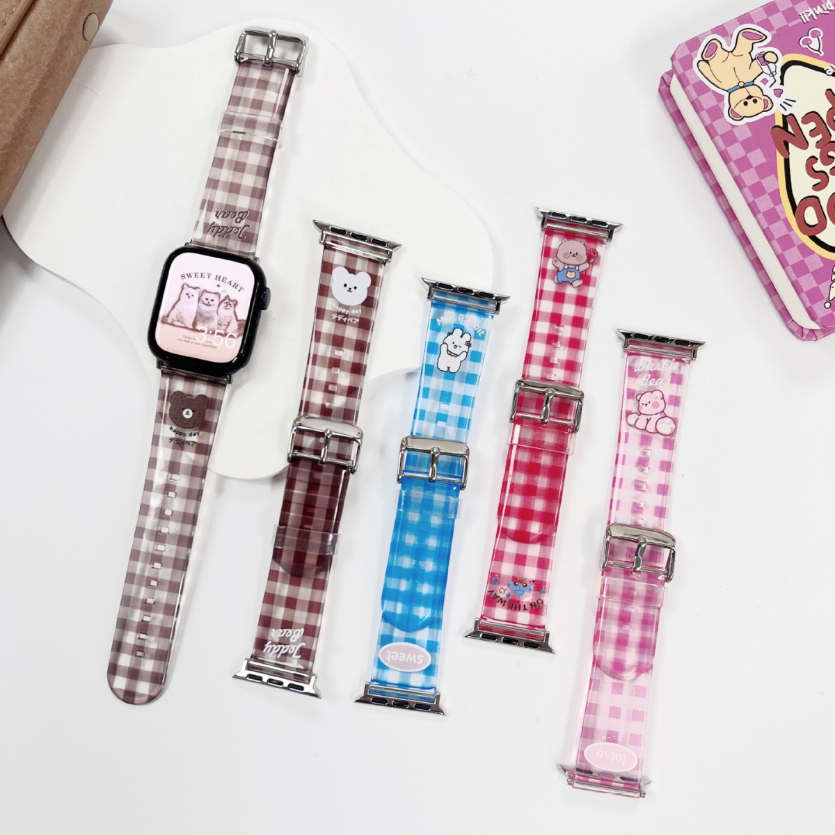 Cartoon Cute Transparent Double-Layer Printed Watch Strap Suitable for iWatch Apple S9 Watch Strap Tpu Doll Plaid S11