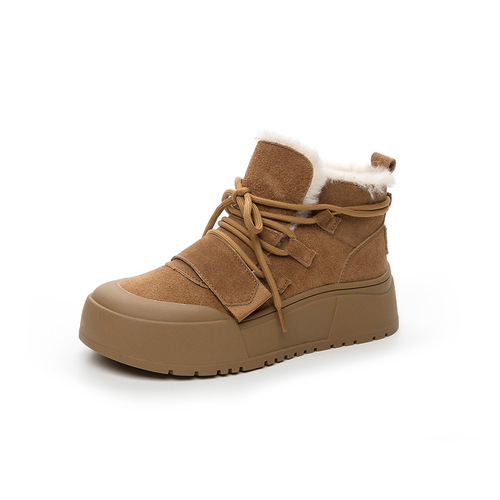 Fur-in-one snow boots for women 2024 winter warm plus velvet short boots thick sole non-slip fashionable leather high-top cotton shoes
