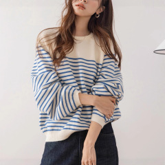 撞色条纹针织毛衣女2025新款秋冬季宽松圆领慵懒高级感上衣