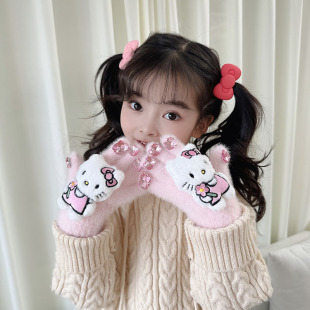 Children's Gloves Kaikai t Cat Boys and Girls Winter Windproof and Cold-Proof Warm Gloves Knitted Family Plush Finger Gloves