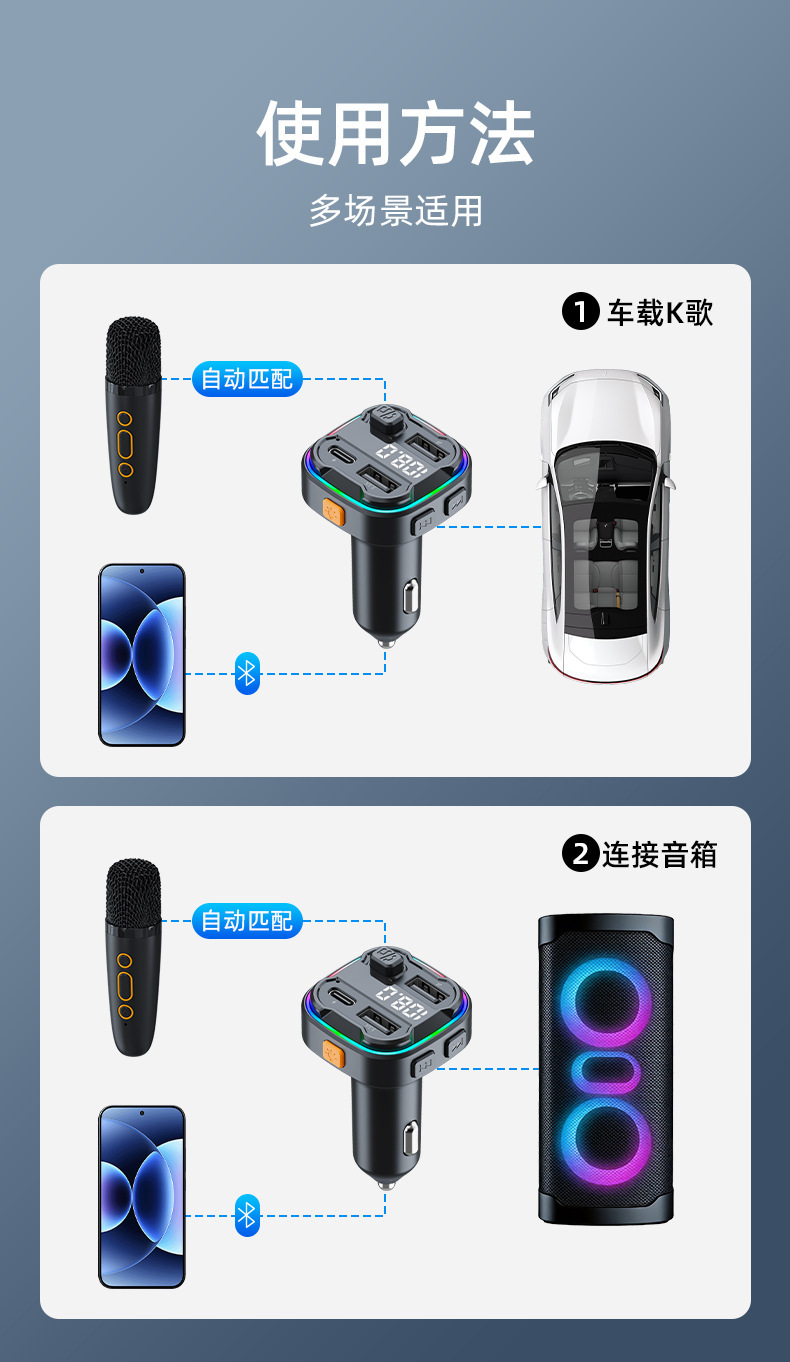 Car Bluetooth FM Transmitter without USB Karaoke Microphone Car MP3 Music Player Fast Charging Car Charger