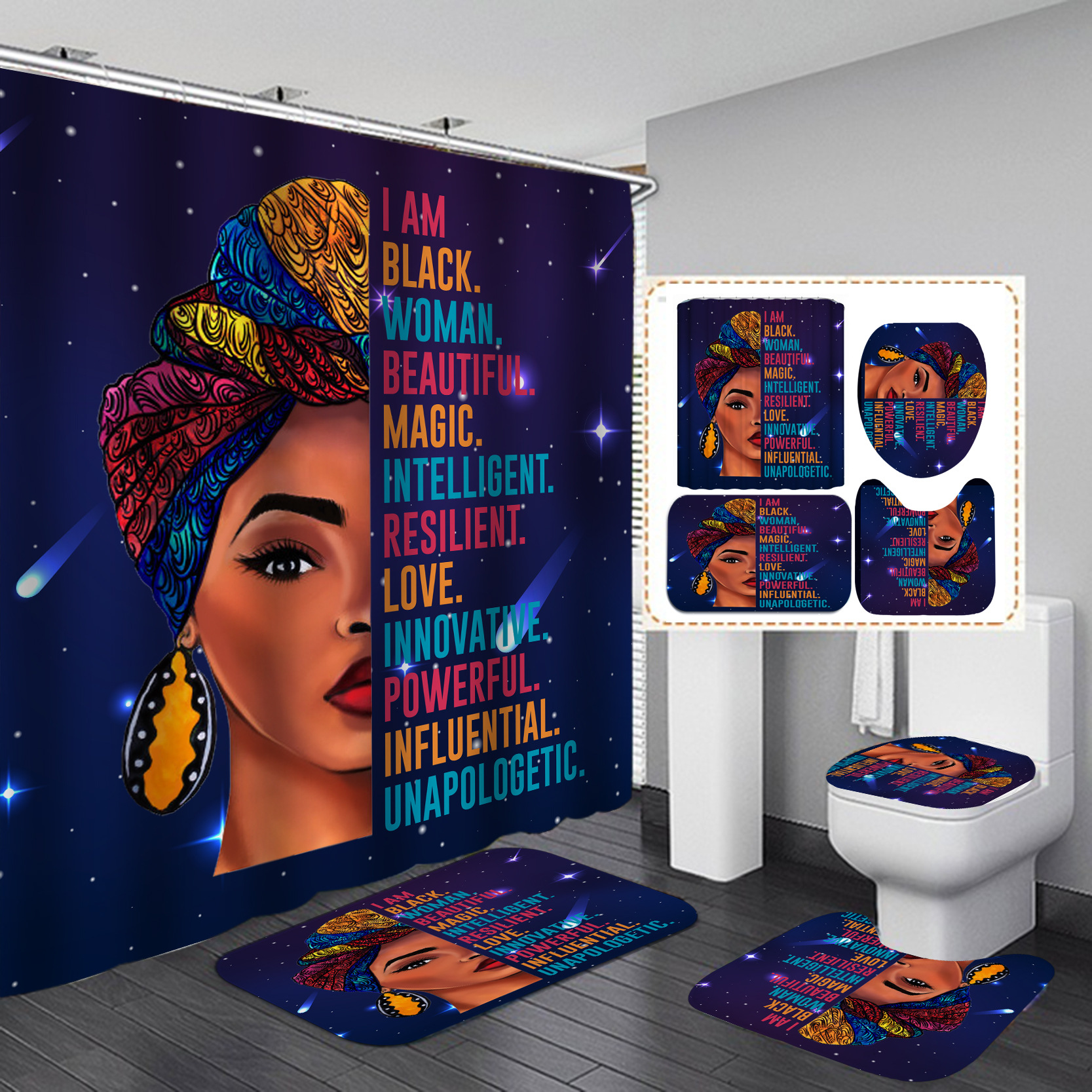 Nuevo suministro directo transfronterizo 3D Impresión digital impermeable baño Mujer Africana ducha cortina fábrica suministro directo Cortina de ducha al por mayor