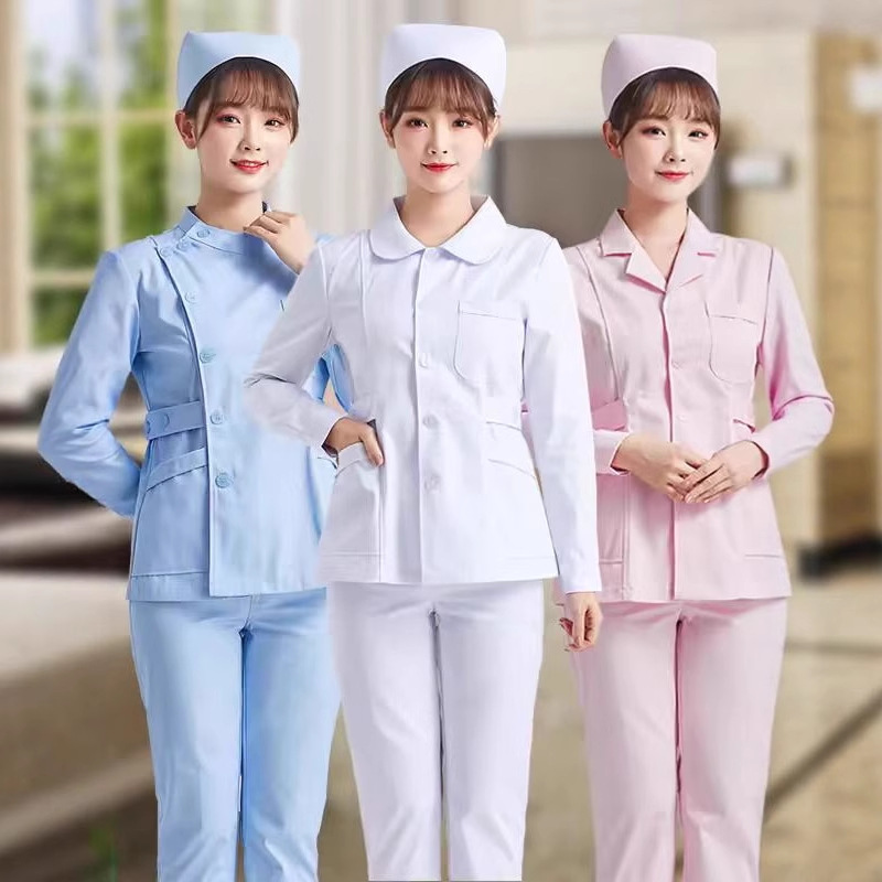 Nurses' Clothing Small Jacket Short Long Sleeve Powder Blue White Pharmacy Clothing Partial Collar Small Jacket Nursing Home Work Clothes Women's Slim Fit Hospital