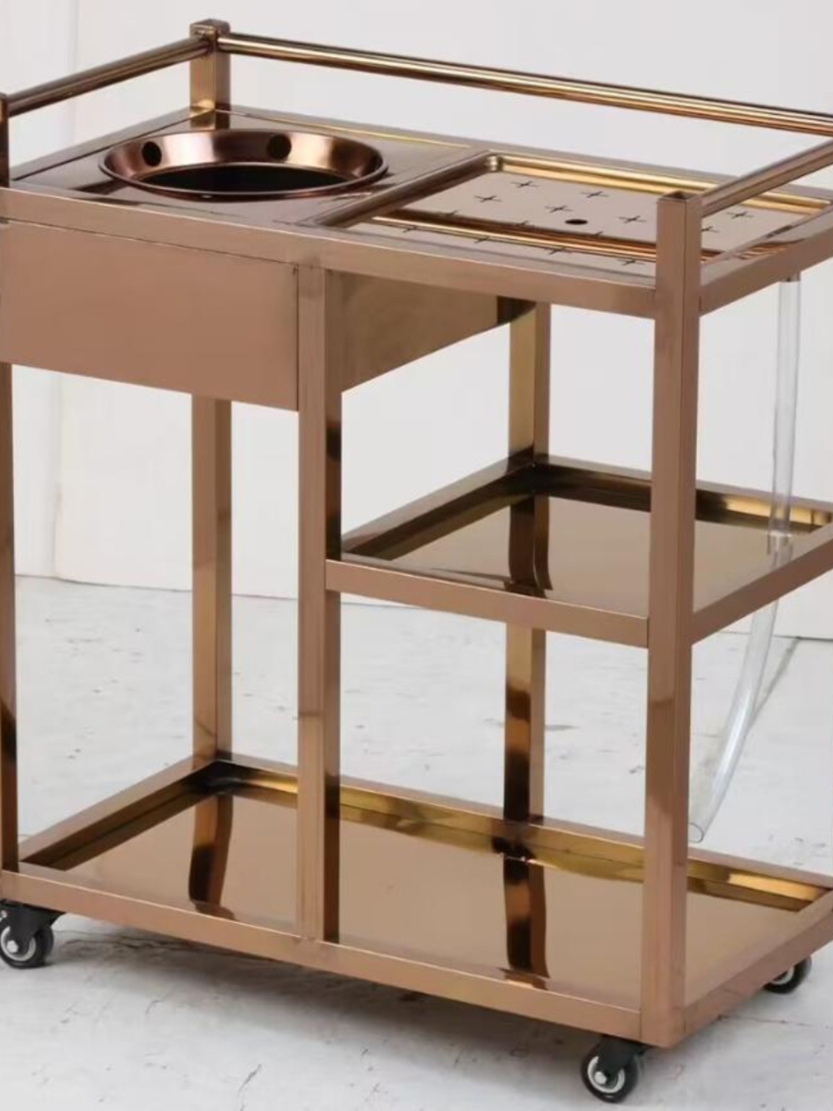 新款商用酒精炉茶车餐车不锈钢玫瑰金移动茶水柜酒水车茶楼茶水车