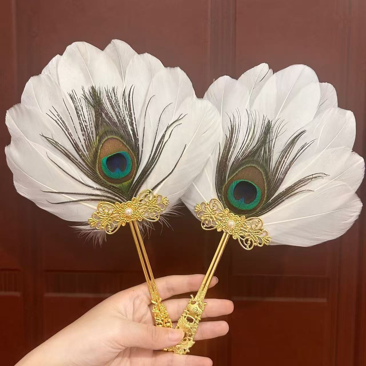 Ancient Style Feather Fan, Hanfu Accessories, Round Fan, Handheld Fan, Stage Performance, Dance Photography, Dressing Gown, Wedding Photo Props