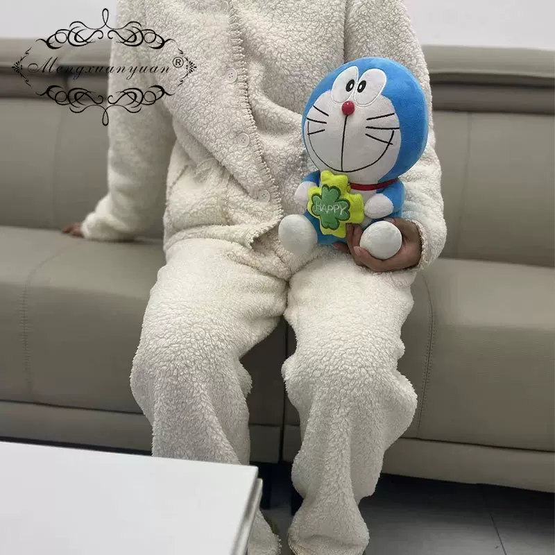 女士冬季双面绒小香风韩版加厚保暖套装简约款长袖开衫睡衣家居服