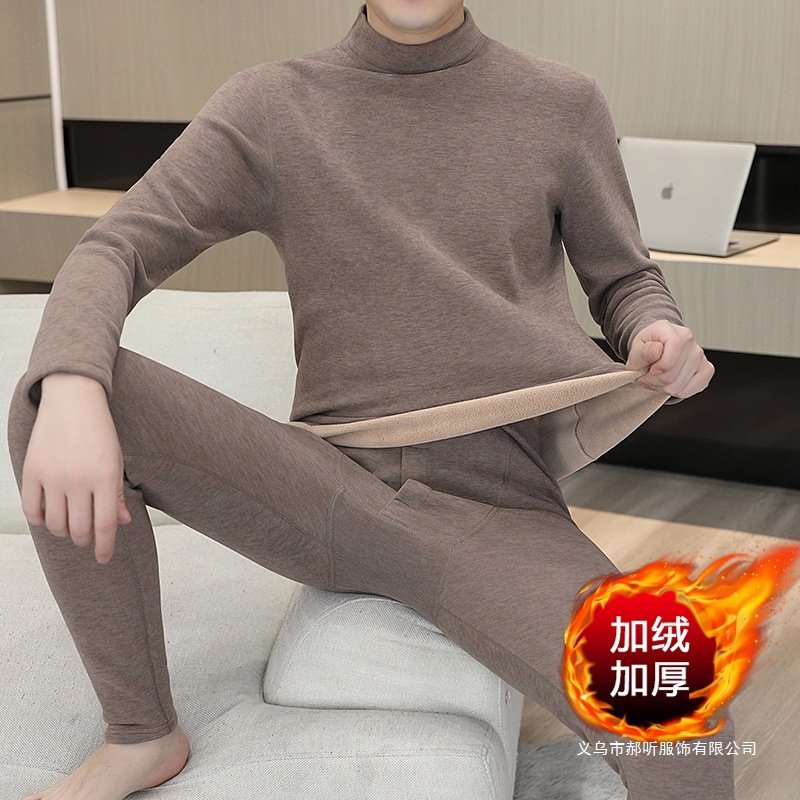 Middle-Aged and Elderly Men's Thermal Underwear Set with Fleece Lining, Thickened for Winter, Half-High Collar Men's Thermal Tops and Bottoms
