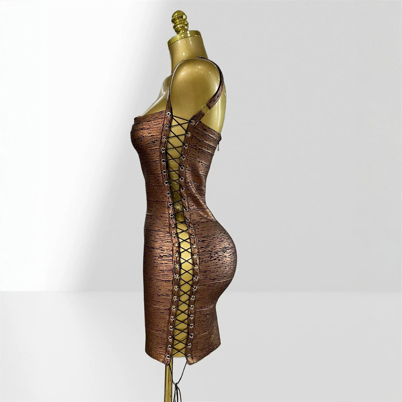 Cross-Border Stylish Gold Foil Sexy Hollow Out Tie-Up Dress European and American Fashion Party Music Festival Outfit