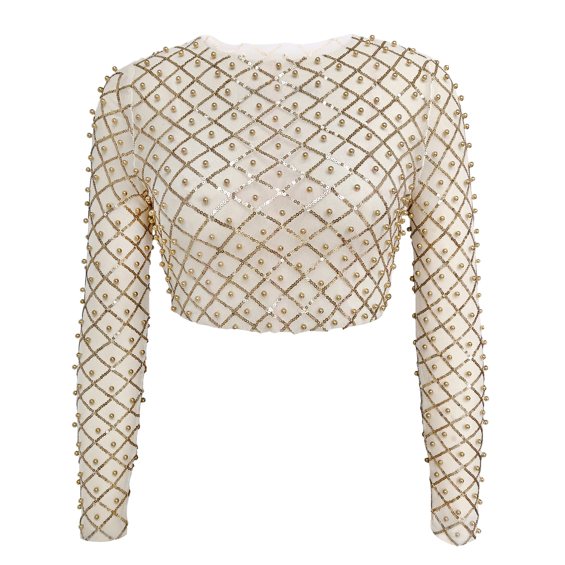 Women Clothing Sexy Mesh Beads Sequined Long Sleeved Top T Shirt 8 Women Clothing Sexy Mesh Beads Sequined Long Sleeved Top T Shirt