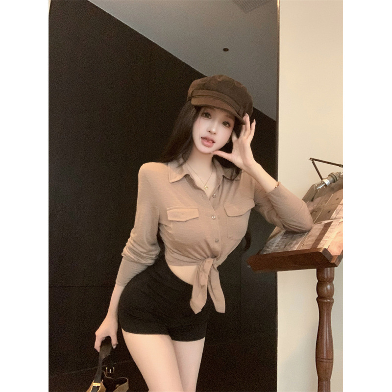 忆可达【纯欲姐感vibe】韩女蚂蚁腰既视 收腰绑带衬衫上衣|undefined