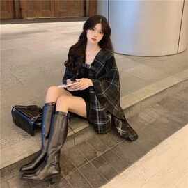 小香风黑色中长款格子毛呢外套女春秋宽松百搭小个子斗篷披肩大衣