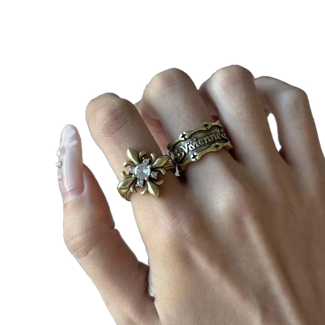Vintage Stackable Designer Rings With Gold Iris Floral Inlay_voghion.com