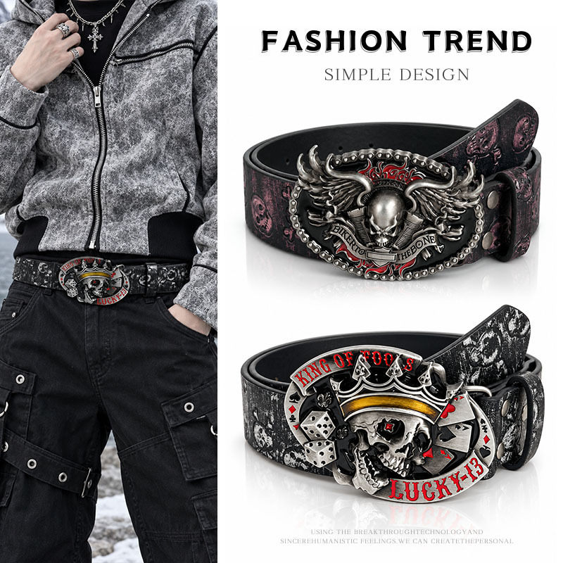 vintage skull belt - Herrenledergürtel mit Totenkopf, Retro-Stil, Punk, Motorrad-Look, Metallschnalle, modisch