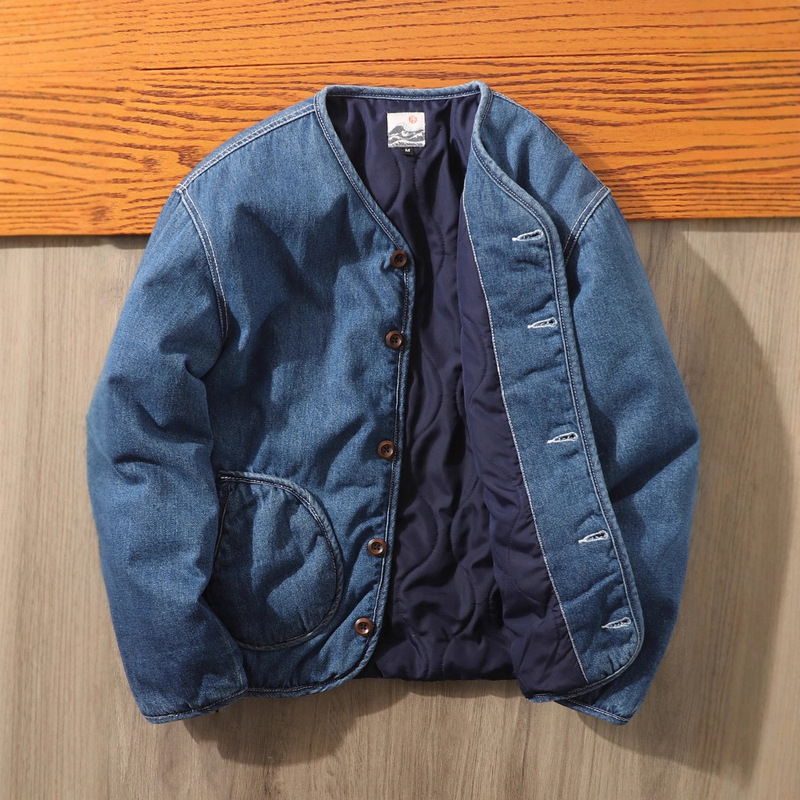 Japanese-Style Niche! Autumn and Winter Solid Color Washed Denim Cotton Jacket for Men, Quilted Warm Lapel Collarless Cotton Coat