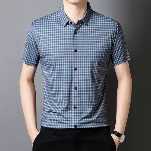 Men's Summer Short-Sleeve Checkered Digital Print Elastic Shirt Fashion Iron-Free Half-Shirt