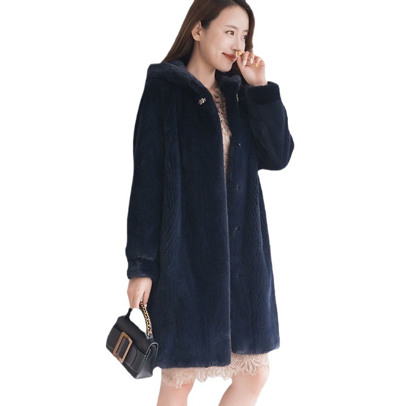 Damenmantel aus mittellangem Kunstpelz mit Samtjacke und Mütze_voghion.com