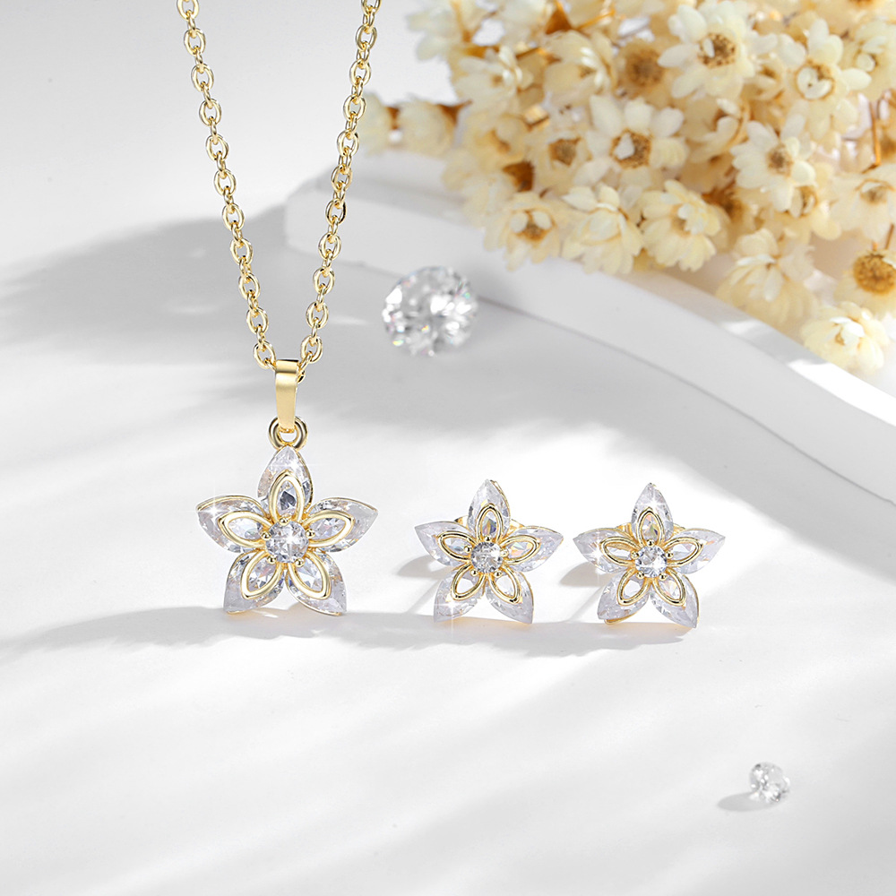 Amazon Zircon flor pernos colgante conjunto de joyería cobre 14K oro o collar pernos joyería mujer