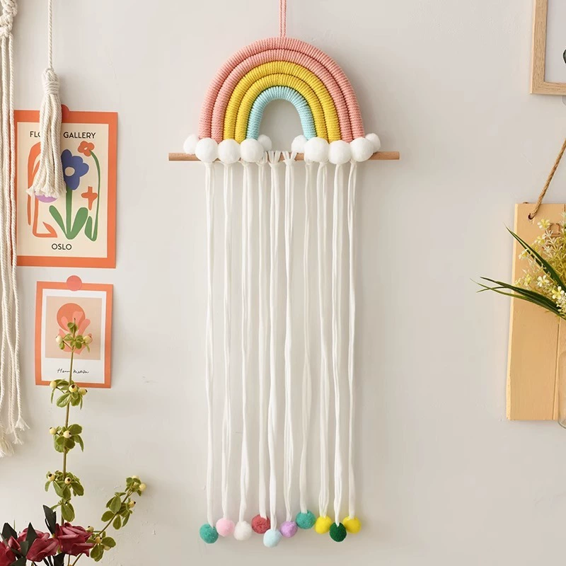 Аксессуар для волос в стиле INS с радужной кисточкой и помпоном, заколка для волос, органайзер для хранения, настенное украшение с тканым детским настенным украшением.