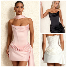 跨境独立站2025年缎面挂脖抹胸礼服连衣裙 收腰褶皱纯色包臀短裙