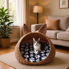 藤编猫窝编织椭圆INS风四季通用宠物猫窝狗窝塑料仿藤猫床可拆洗