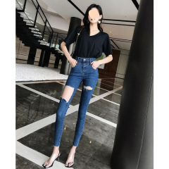深蓝色大破洞牛仔裤女2025春季新款高腰弹力紧身九分修身小脚裤潮
