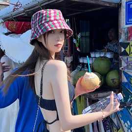 韩版渔夫帽子女春夏ins潮时尚撞色格纹盆帽遮脸防晒遮阳帽显脸小