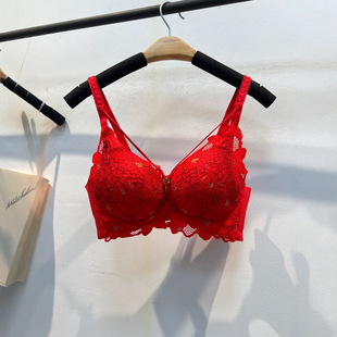 Small Chest Showy Large Thick Cup Red Underwear No Steel Ring Anti-sagging Push-up Chest Women's Sexy Bra with Drill Design