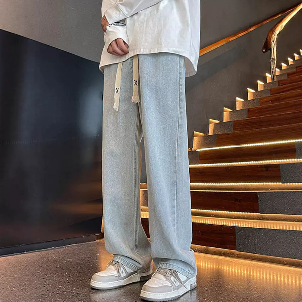 浅蓝色牛仔裤男款春秋季抽绳松紧腰宽松直筒裤美式高街vibe风裤子