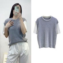 跨境秋冬女装法式气质假两件套头毛衣女短袖撞色羊毛针织衫女上衣