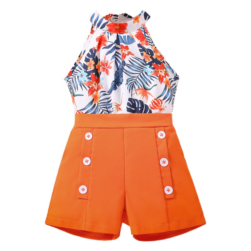 2024 verano niñas transfronteriza nueva ropa para niños 7-12 estilo occidental impreso Halter Top para medio y grande traje de niños