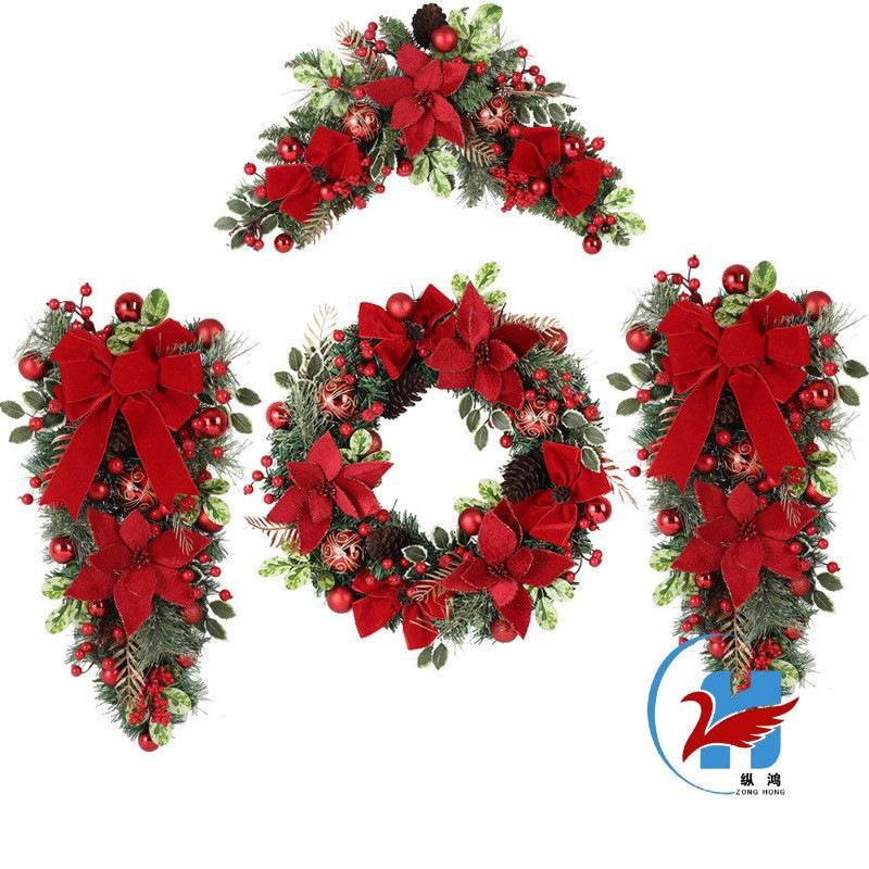クロスボーダークリスマスリース、ベルベットの赤い花、クリスマス風デコレーションセット、ホリデーリース、逆さ飾り、ホームデコレーション|undefined
