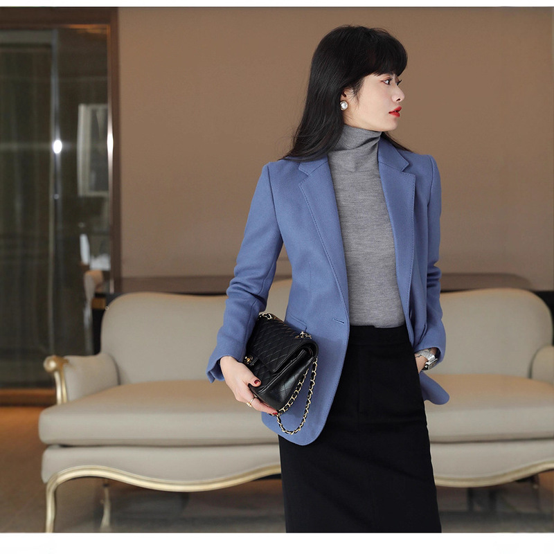 Japanese-Style Haze Blue Slim-Fit Wool Blazer for Women, Autumn and Winter Woolen Suit Jacket, Simple and Fashionable Japanese-Style Haze Blue Slim-Fit Wool Blazer for Women, Autumn and Winter Woolen Suit Jacket, Simple and Fashionable