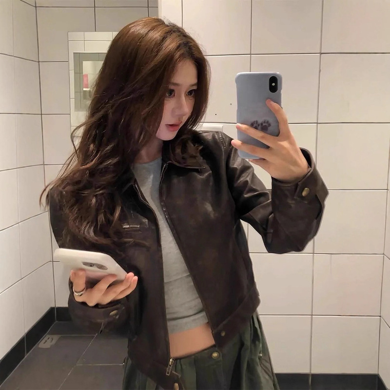 复古美式酷飒风咖色翻领皮衣外套女秋季小众短款PU皮机车夹克上衣|undefined