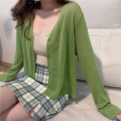Solid color v-neck ice silk sunscreen cardigan for women  summer Korean style loose air-conditioned shirt with casual jacket top