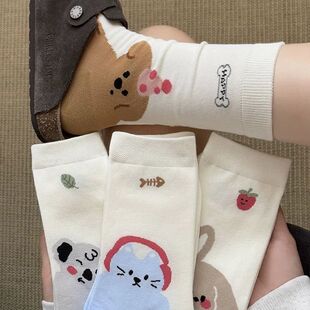White Socks Women's Spring and Autumn Mid-length Socks Ins Trendy Japanese Style Cute Cartoon Stacked Socks Summer Thin Stocking